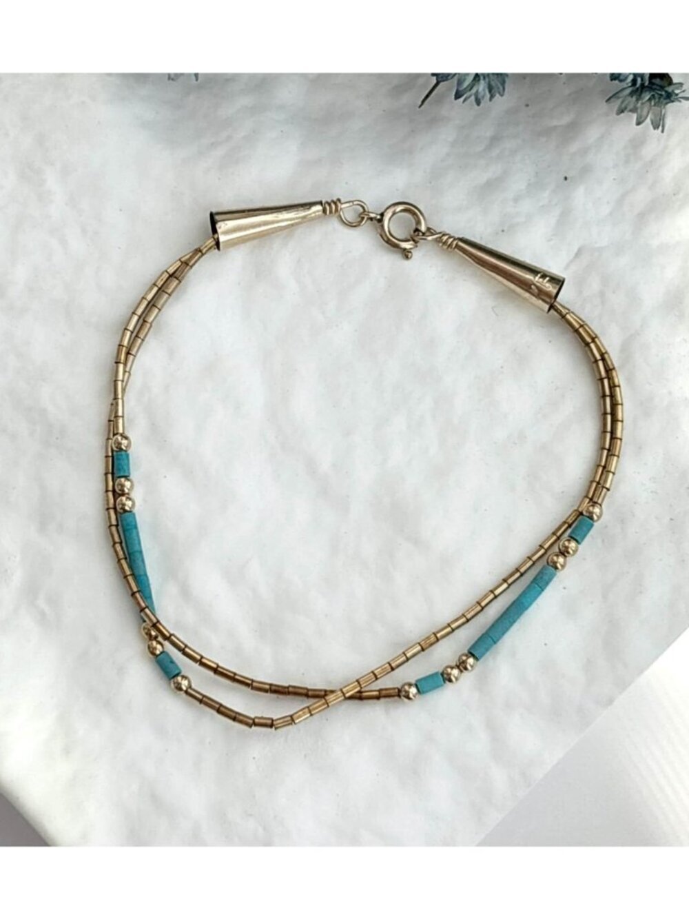 Liquid Sterling Silver Turquoise Beaded Double Chain Southwest Vintage Bracelet